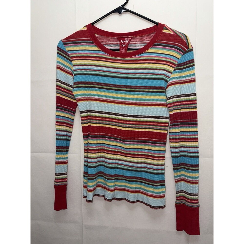 *FLAW Y2K Energie Striped Henley Top Medium Bella Swan LS Blue Yellow Red